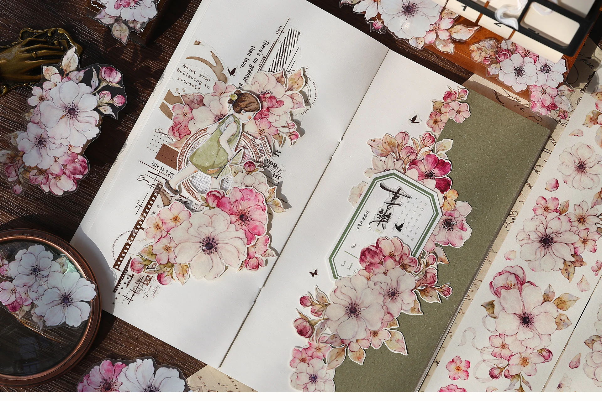 Taoyao Light Retro Pink and White Big Flower Washi PET Journal Sticker Goo Card Tape