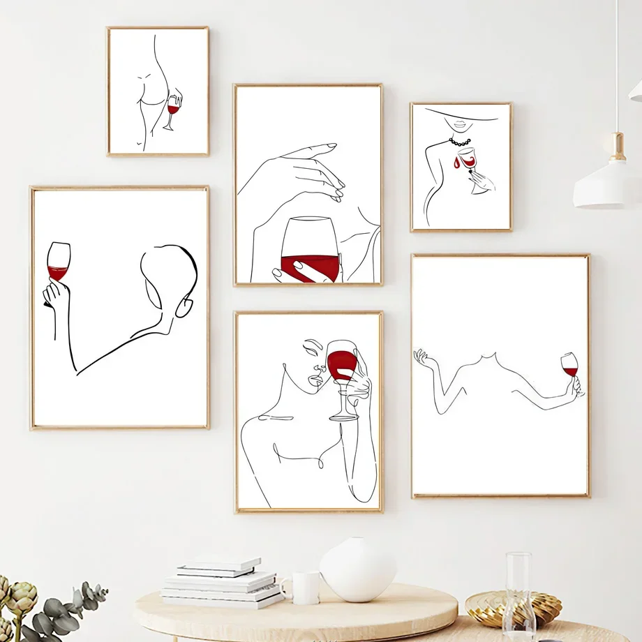 Sexy Female Line Wine Cocktail Lovers Drinks Wall Art Minimal Nordic Poster And Canvas Painting Print Wall Picture For Bar Decor