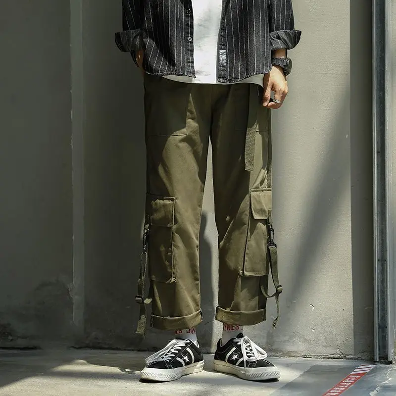 Spring Men Cargo Pants Multi-Pocket Overalls Harajuku Men's Retro Loose Wide-Leg Pants Street Casual Hip-Hop Straight Pants D04