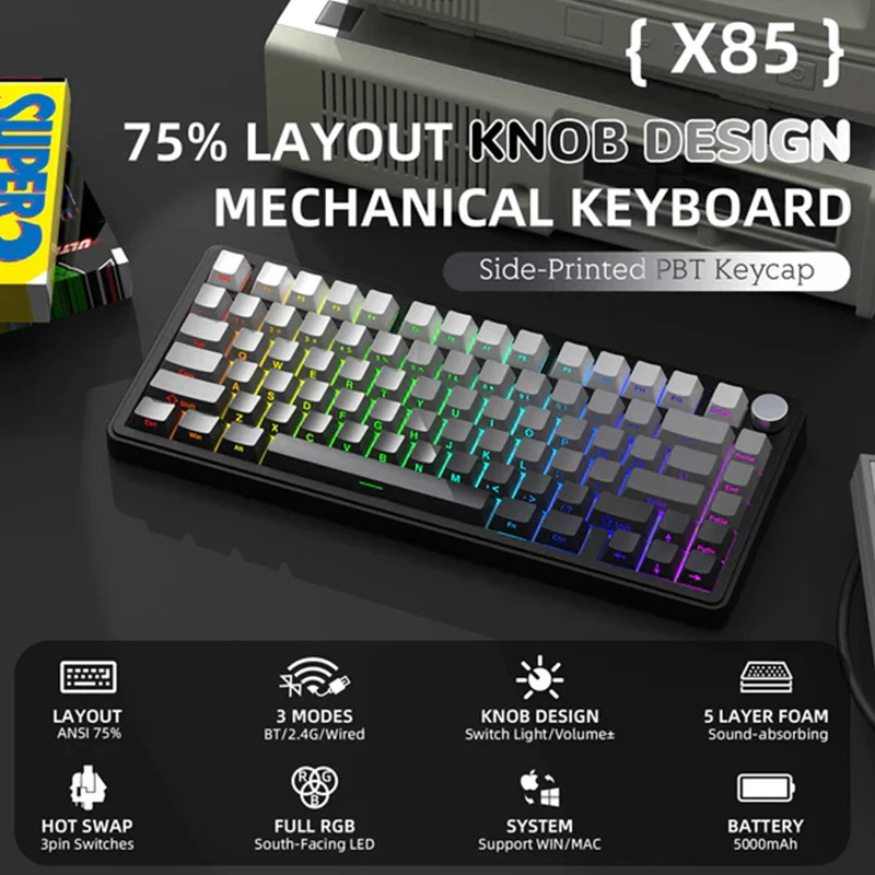 Attack Shark X85 mechanical keyboard RGB Backlight Tri-Mode like aula f75 Sideway Gaming Keycaps suits mini PC laptops office