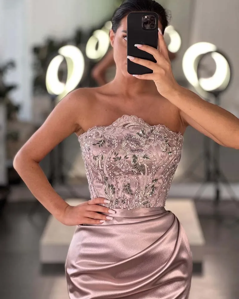 Roxo cetim vestido de baile sem alças lado fenda vestidos de noite apliques elegantes vestidos de festa para as mulheres 2022 novo robe de soirée