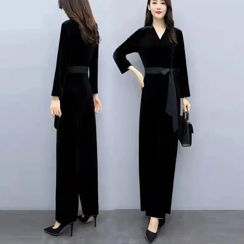 High End Atmospheric Jumpsuit Women's 2024 New Solid Color Fashionable Temperament Slim Fitting Jumpsuit Wide Leg Pants