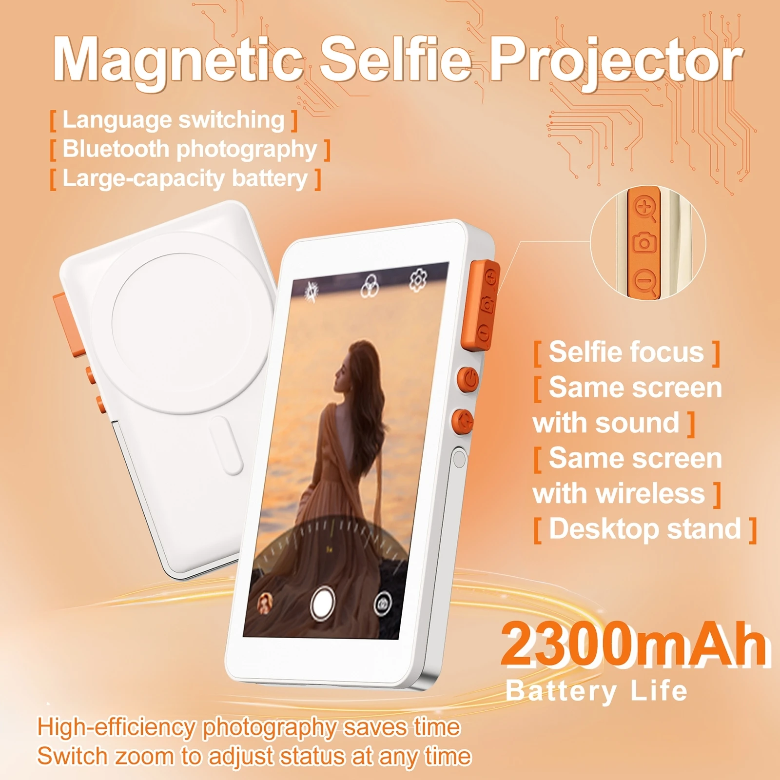 Tela magnética sem fio para monitor de selfie, comprimento focal ajustável para câmera traseira de telefone, selfie, vlog, transmissão ao vivo para iphone e android