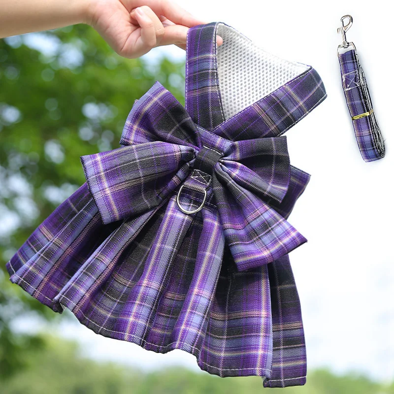 Pet Jk Plaid Dress Dog Harness and Leash Set Bow Skirt Kitten Puppy Vest Luxury Dog Clothes Chihuahua Dog Outfits Bichon Items