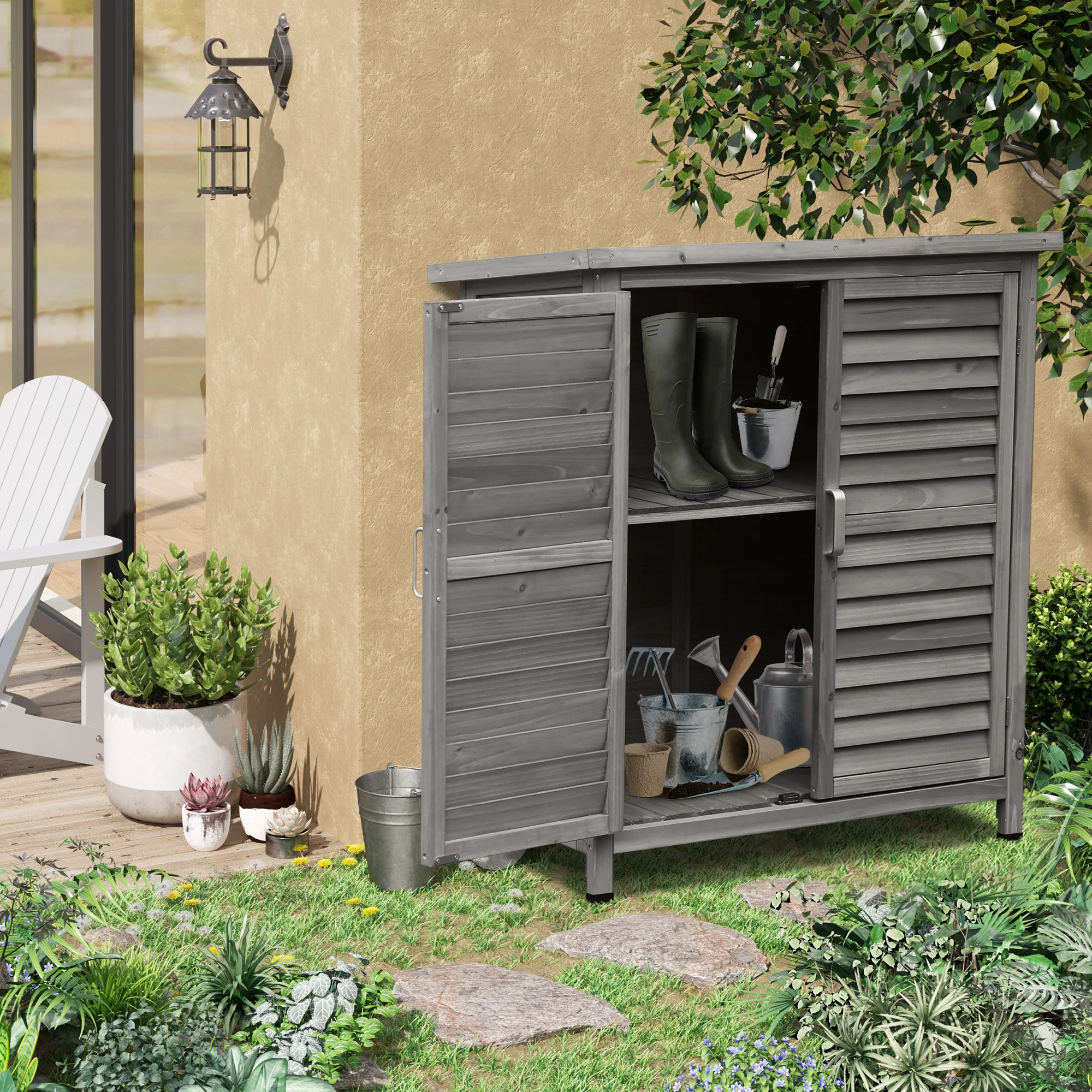 Outsunny wooden garden storage shed with 2 interior shelves 2 doors and slant roof 87x46,5x96,5cm