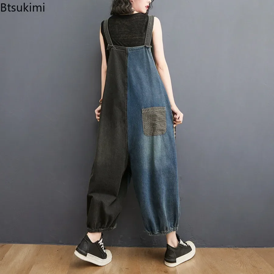 Pantaloni con cinturini in Denim oversize tute Patchwork scozzesi moda donna Casual donna allentata gamba larga che riduce l'età pagliaccetti Jeans