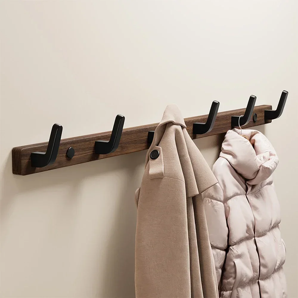 Walnut Coat Rack Solid Wood Hooks Key Bag Extended Storage Hanger for Entrance Door Hallway Wall