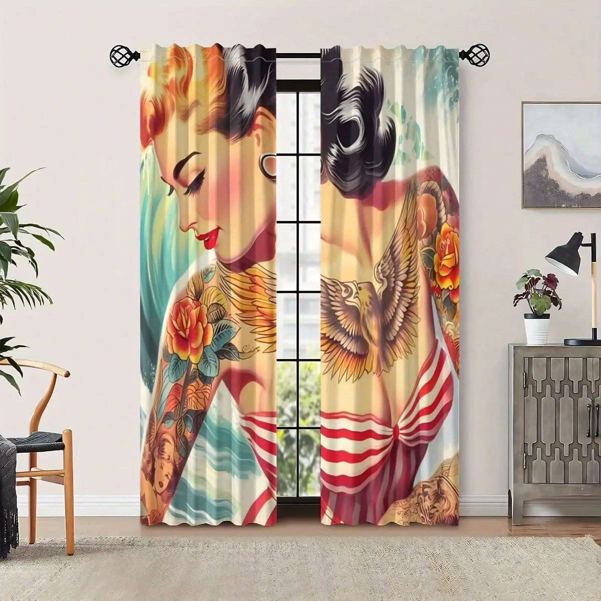 Vintage Tattoo Curtain, Pin-up Girl Print Blackout Curtains, Retro Rockabilly Art Drapes, Living Room Decor, 2 Panels
