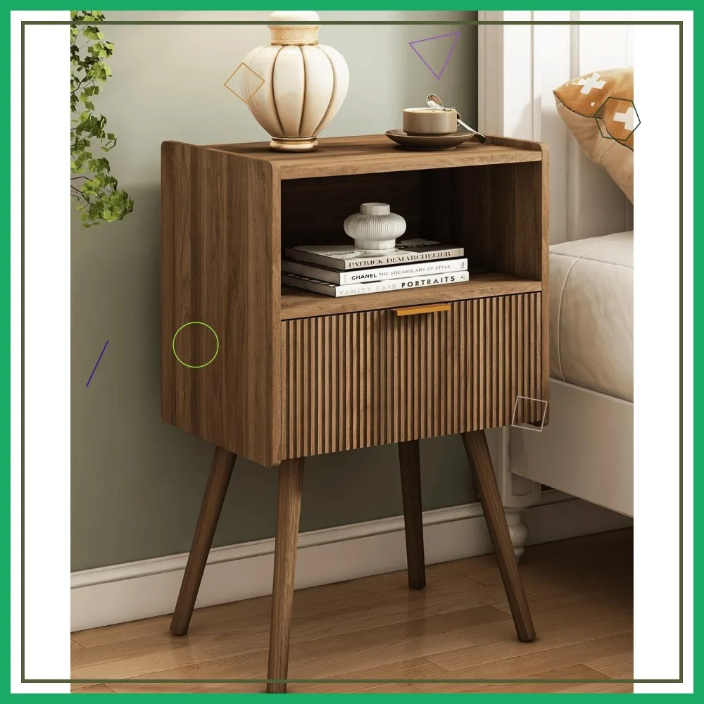 

Modern Nightstand with Storage Drawer and Open Shelf, Solid Wood Legs, Easy Assembly, Walnut Brown for Bedroom