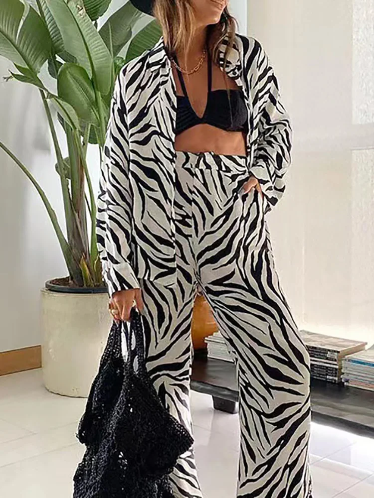 Women Printed Full Sleeve Long Cardigan Top Outfit Spring Autumn Turn-Down Collar Button Ladies Matching Set Wide Leg Pants Suit