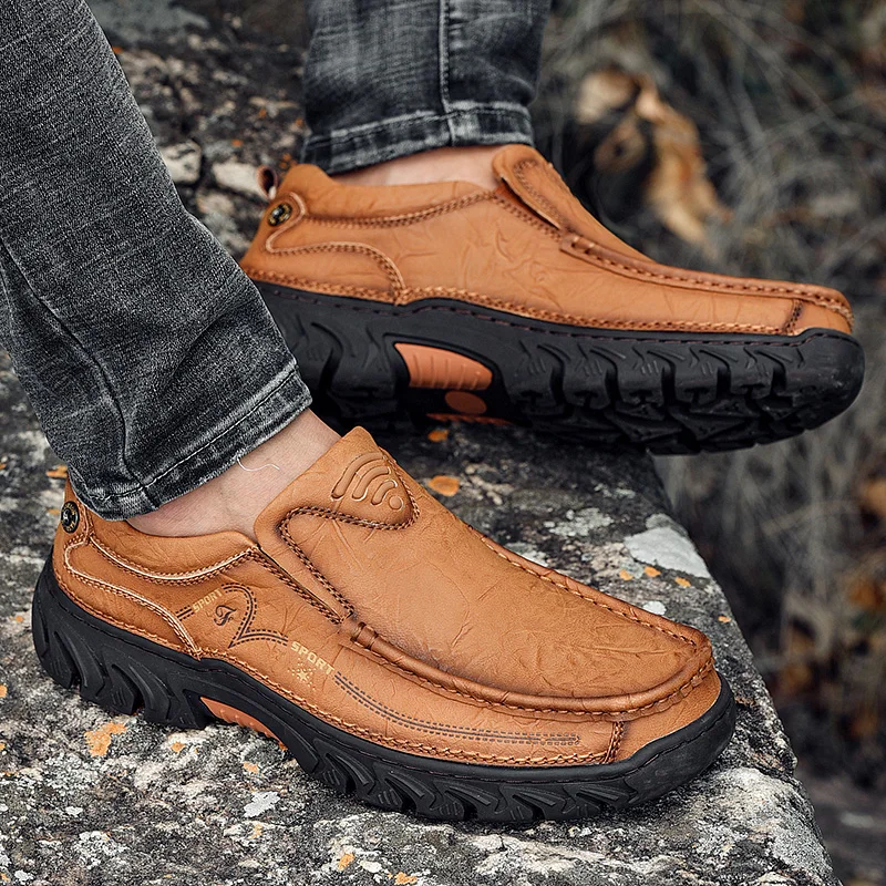 Outdoor High Quality Men\'s Shoes 100% Genuine Leather Casual Shoes Waterproof Work Shoes Cow Leather Loafers Slip on Footwear 48