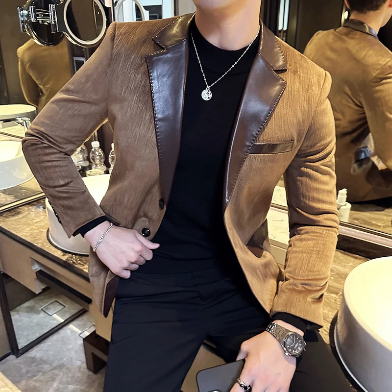 Brand Suede Suit Jacket for Men Spring Autumn Casual Business Blazers Slim Fit PU Splicing Gentleman Social Banquet Dress Coat