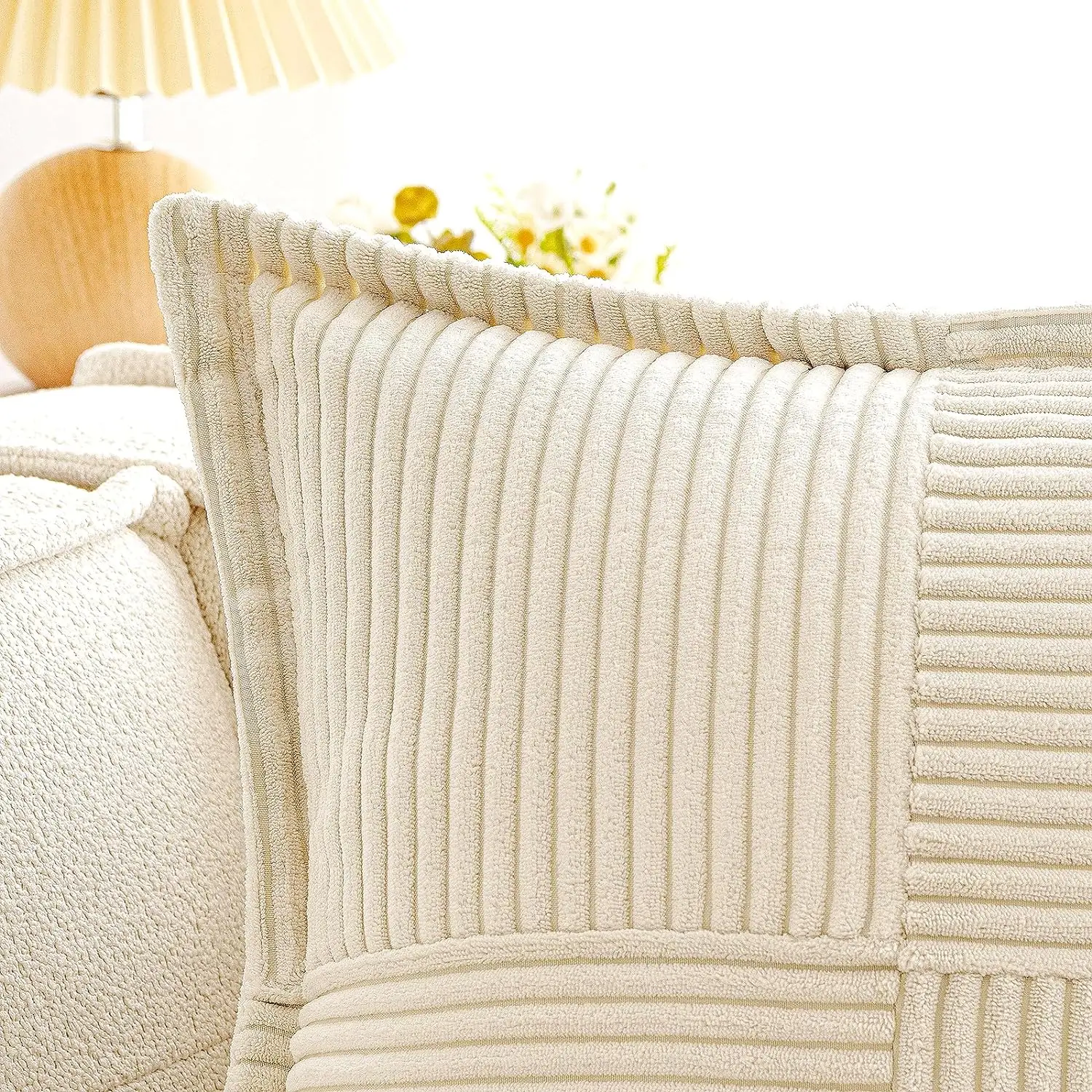Beige Throw Pillow Covers 18x18 Inch Corduroy Boho Striped with Splicing Textured Home Decor Soft Cushion Cases for Couch Sofa