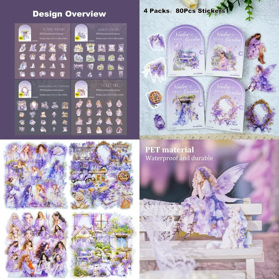 

Violet Garden PET Sticker Set 80PCS Fairy-Themed Scrapbook Supplies Journal Stickers in Purple for DIY Crafts Planners and Coll