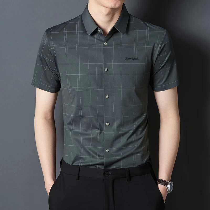 Fashion korean popular clothes sunmmer elastic short sleeve shirts for men slim fit formal plian shirt soft office plaid tops