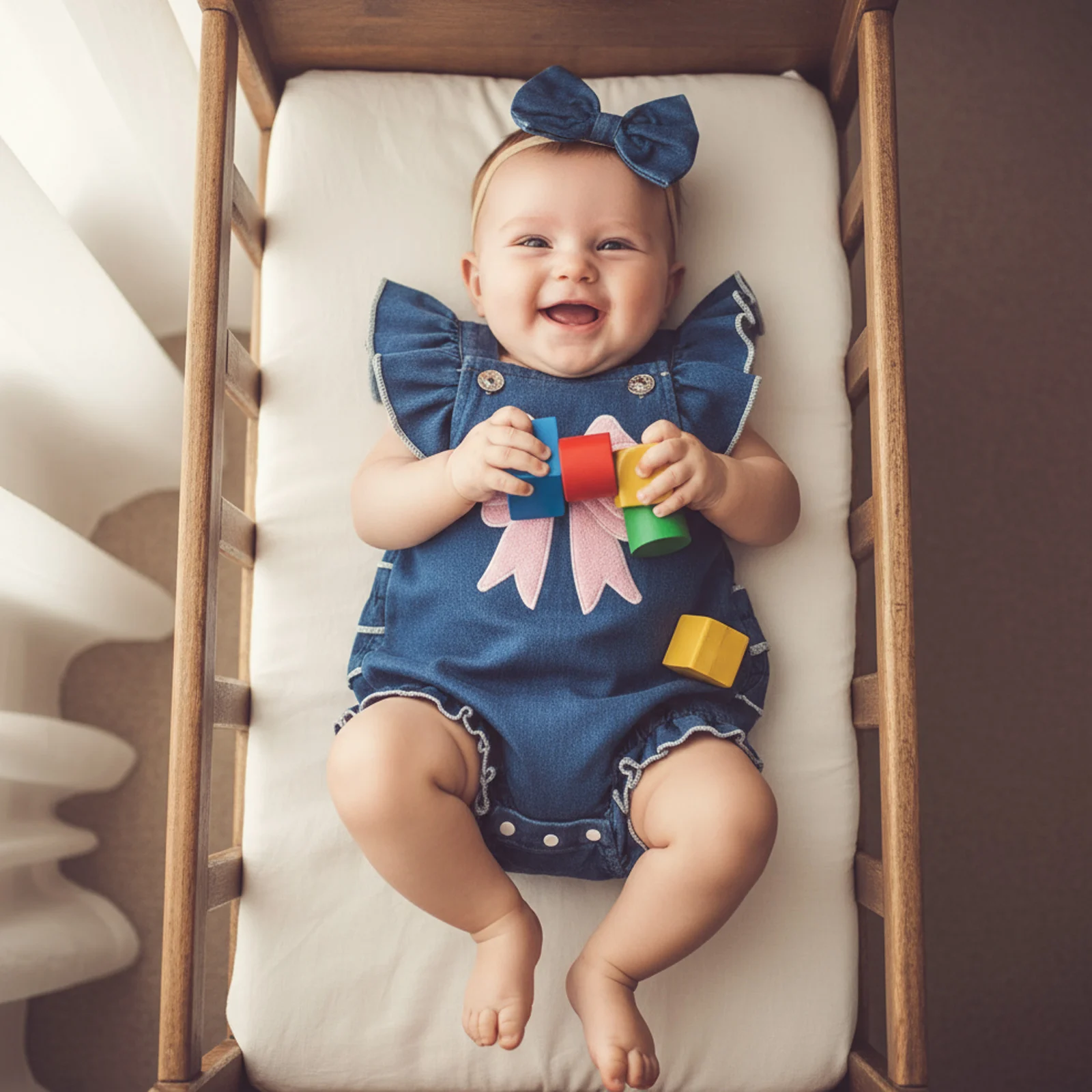 

Blotona Newborn Baby Girl 2Pcs Summer Romper Outfits Ruffled Sleeveless Bowknot Embroidery Denim Bodysuit with Headband Set