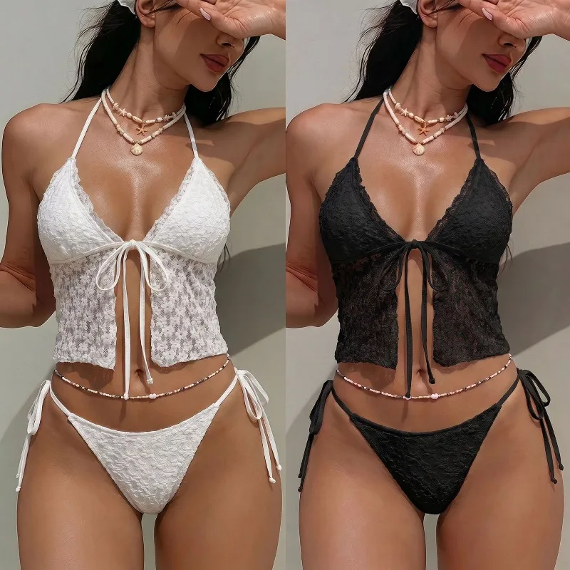 New lace lace split neck bikini straps, gather beach swimsuit