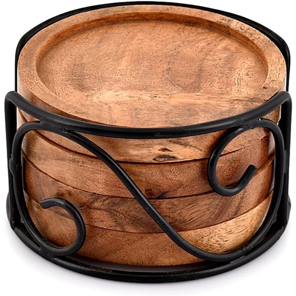 

Wood Coaster Set of 4 with Iron Holder for Tea, Drinks, Mugs, Cans, Glasses for Any Table Type (4 x 4 x 0.5)