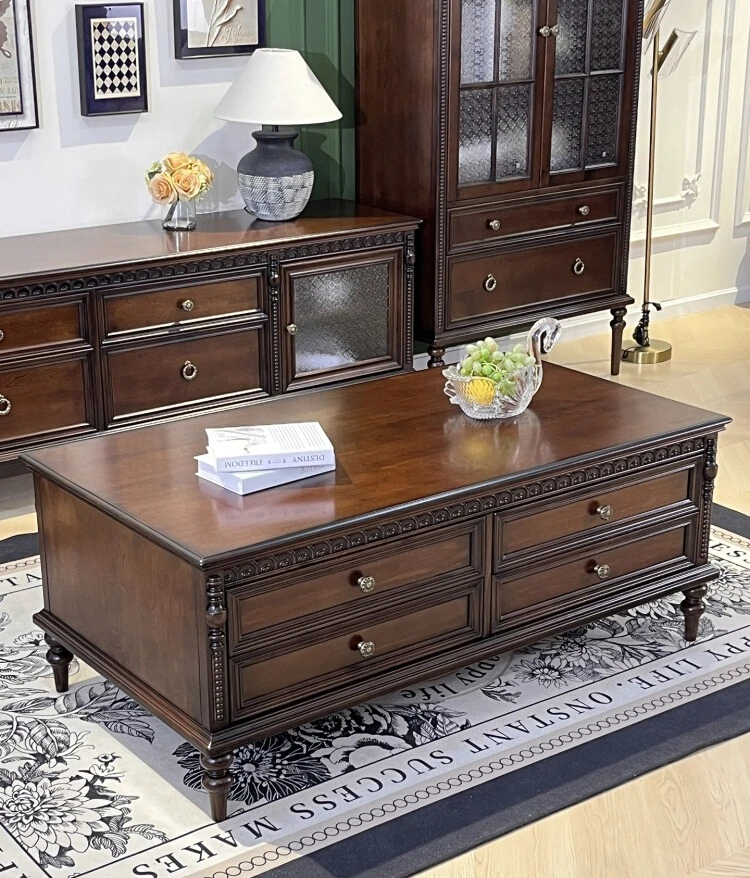 

*American retro coffee table pure solid wood log full drawer storage coffee table