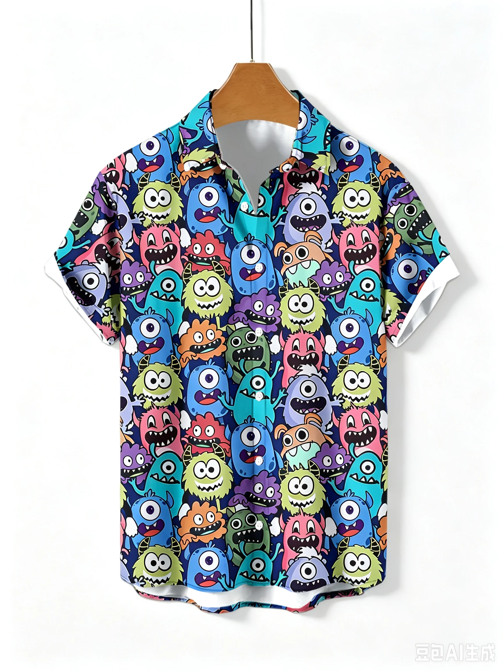Cartoon Colored Monster Full Printed Short Sleeved Shirt for Men's Trendy Brand Loose, Breathable and Comfortable Shirt
