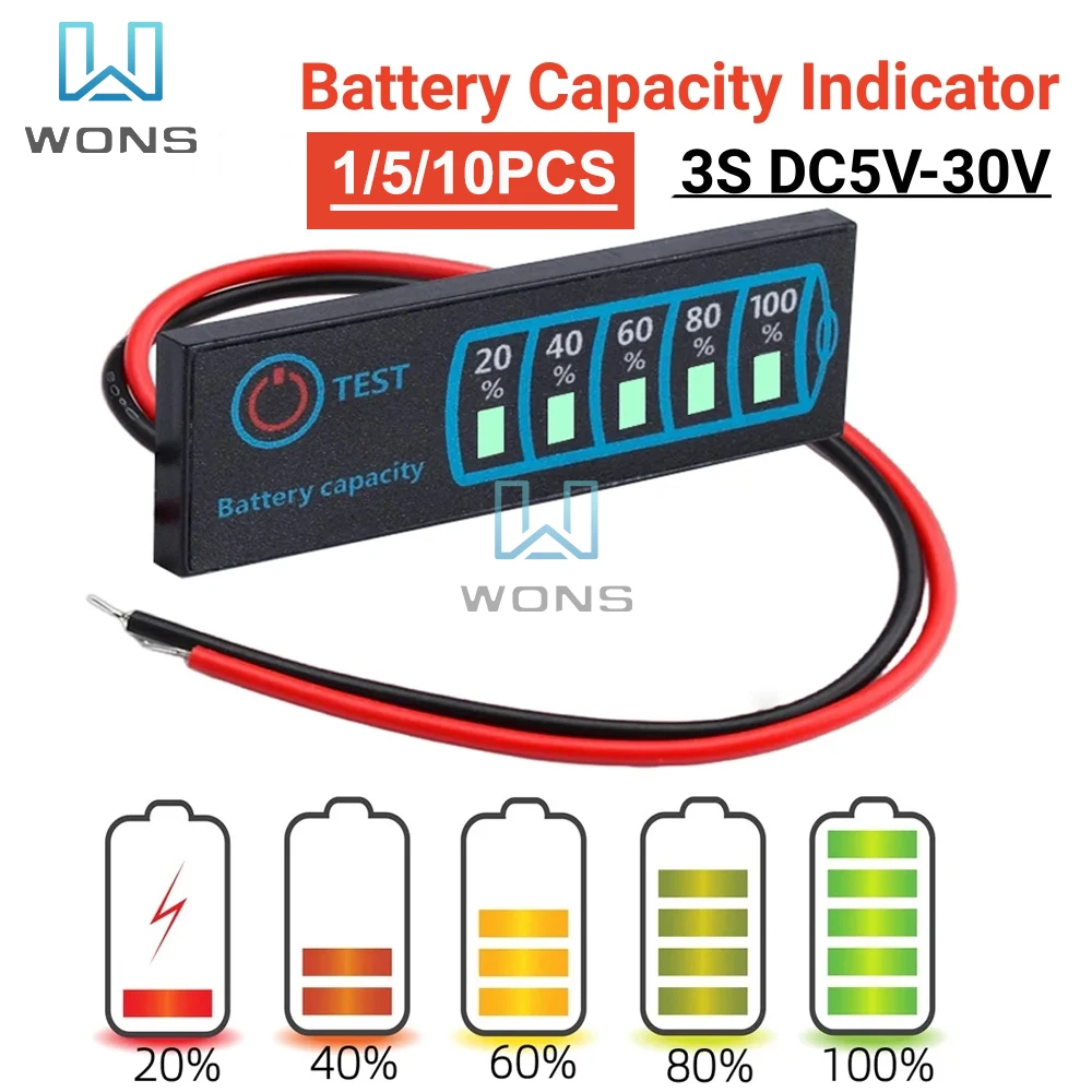 DC5V-30V 12V 24V LED Battery Capacity Indicator Ternary Lithium Battery Lithium Iron Phosphate Lead-Acid Battery Capacity Tester