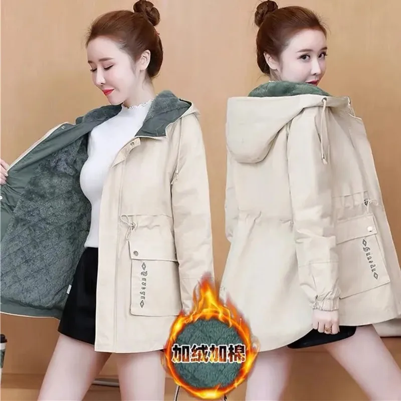 Winter Loose Hooded Thicken Fleece Lined Parkas Warm Casual Trenchcoat Korean Mid-length Coat Windbreaker Snow Jacket Outwear