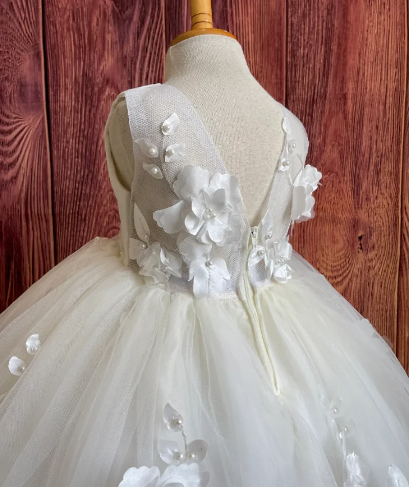 Vestidos de flores de marfil para niña, vestido escalonado de tul hinchado Floral para niños, vestido de dama de honor de boda, fiesta de cumpleaños, vestido de Graduación