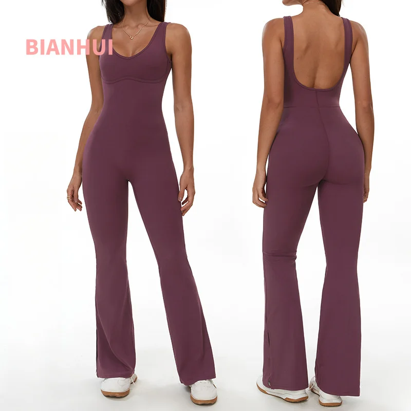 

BIANHUI Quick-Dry Butt-Lifting Flared Yoga Jumpsuit Outdoor Running Sports Bodysuit Fitness Yoga Wear Pilates Workout Clothes