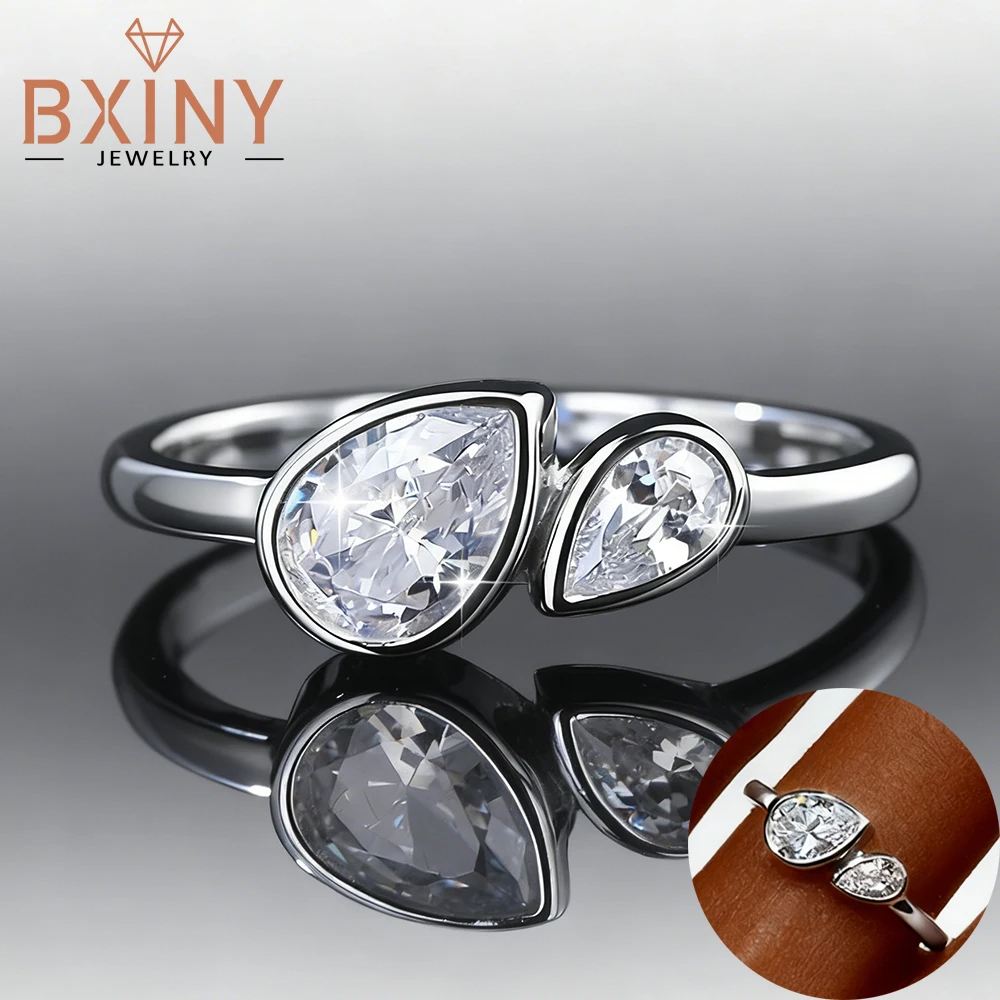 

BXINY Bezel Set Pear Cut Moissanite Ring S925 Silver For Women 2-Stone WaterDrop Diamond Wedding Band Gift Fine Jewelry With GRA