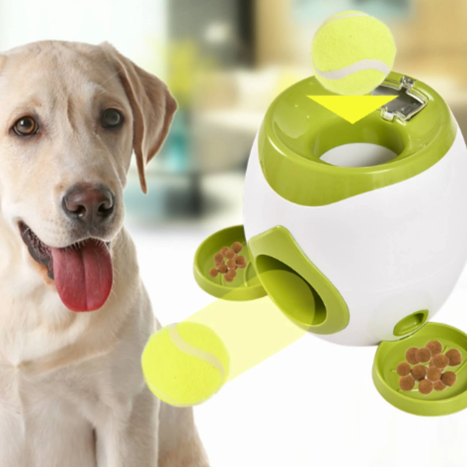 Dog Treat Dispenser with Tennis Balls Top-Loading Interactive Dog Toy with Scoop Fetch Toy Exercise Slow-Release for Dogs, Home