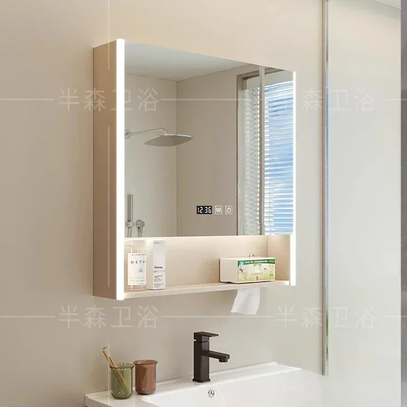 c13-Nordic Smart Bathroom Mirror Cabinet Wall Hanging Mist Removal Dressing Storage Mirror Solid Wood Furniture Mueble Lavadora