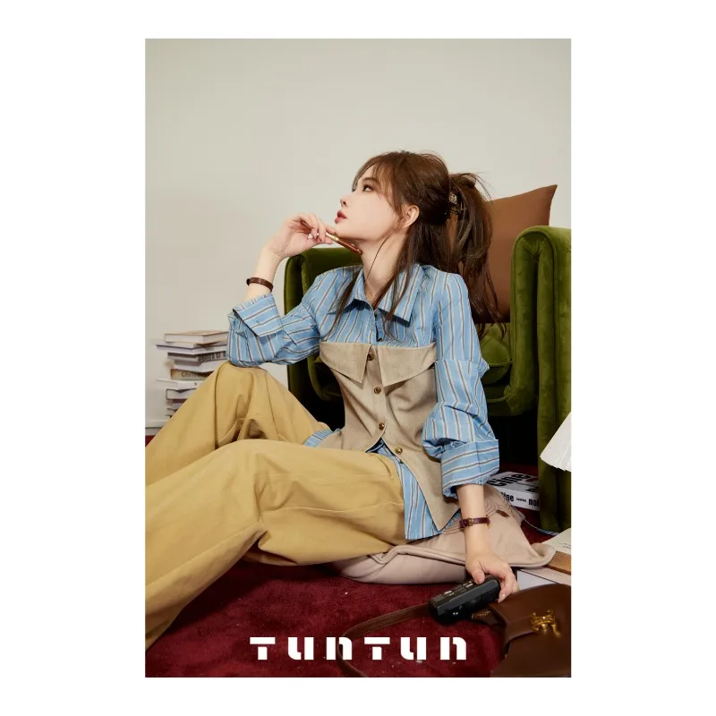 Women's Clothing Early Autumn Retro Girdle Stitching Vertical Pattern Long-sleeved Cardigan Shirt