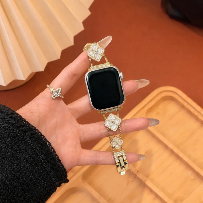 Creative Flower Metal Watch Strap Compatible with Apple iWatch for 38mm, 40mm, 41mm, 42mm, 44mm, 45mm, 49mm (Fashionable Watch B