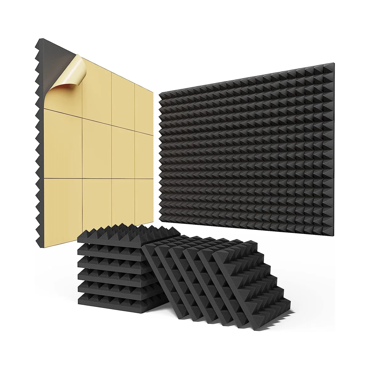 24PCS Self-Adhesive Sound Proof Foam Panels 2x12x12In,Fast Expand Acoustic Panels, Pyramid Design Soundproof Wall Panels