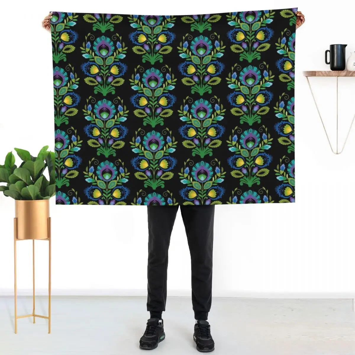 Polish Folk Flowers Teal on Black Throw Blanket Softest Polar Plush Cute warm winter Fashion Sofas Blankets