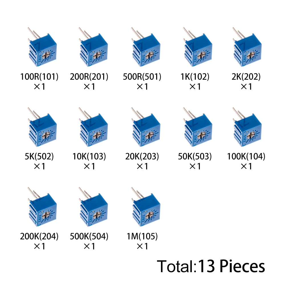 13PCS 3362P 500R 1K 10K 20K Potentiometer Kit 13Values 100R-1M 1k 10k Variable Resistor for Electronics Projects 100R 200R 5K