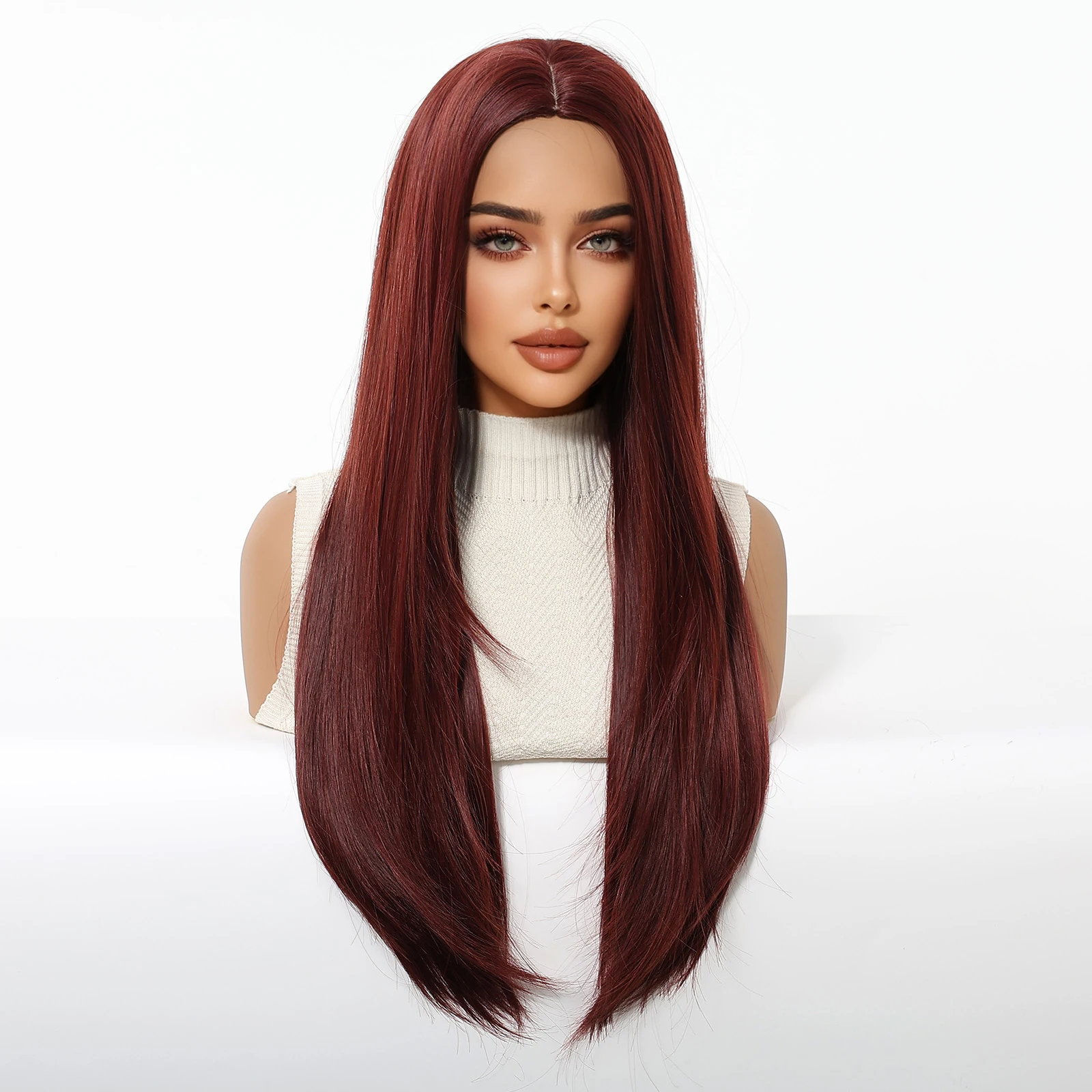عيد الميلاد طويل مستقيم الباروكات بورجوندي النبيذ الأحمر شعر مستعار اصطناعي جزء متوسط الطبقات الشعر للنساء تأثيري هالوين مقاومة للحرارة