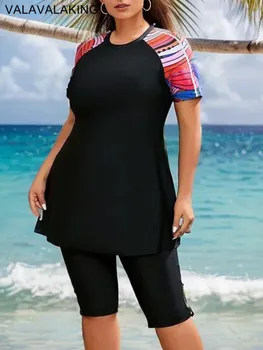2024 Patchwork 2-delige Plus Size Tankini Set Vrouwen Grote Grote Moslim Badpak Hoge Taille Dame Badmode Mollig Curvy Badpak