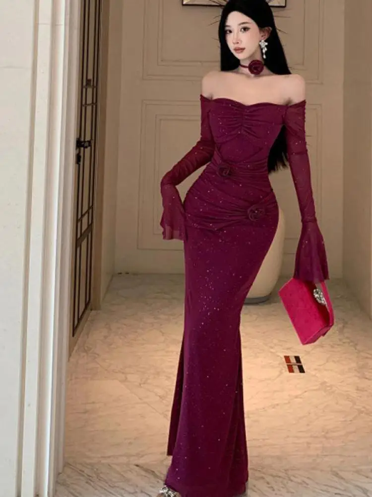 Vintage Fashion Women's Purple Elegant Long Sleeve Pleated Evening Party Dress French Autumn Black Sexy Strapless Fishtail Dress