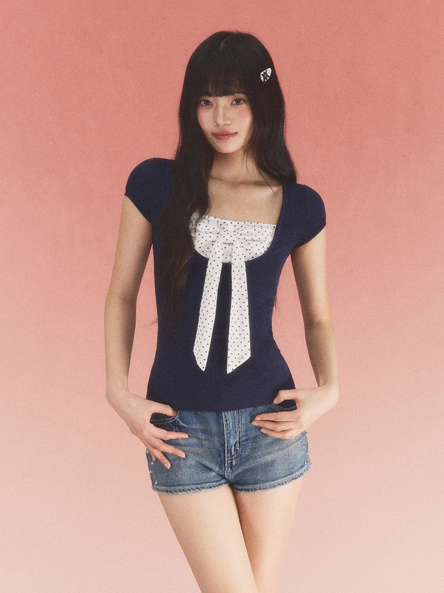 

Женская футболка Wedhub Color Blo с бантом в горошек, коротким рукавом и квадратным вырезом, приталенная, весенняя, модная, милая, из смесового хлопка