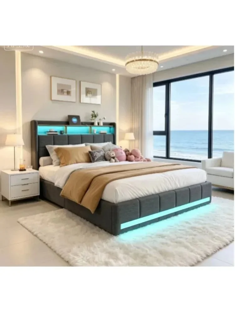 Gepolstertes Doppelbett 180 x 200 cm, Bett 140 x 200 cm mit Stauraum, Stauraumbett mit 4 Schubladen und Lattenrost, Kopfteil mit Stauraum und LED-Beleuchtung