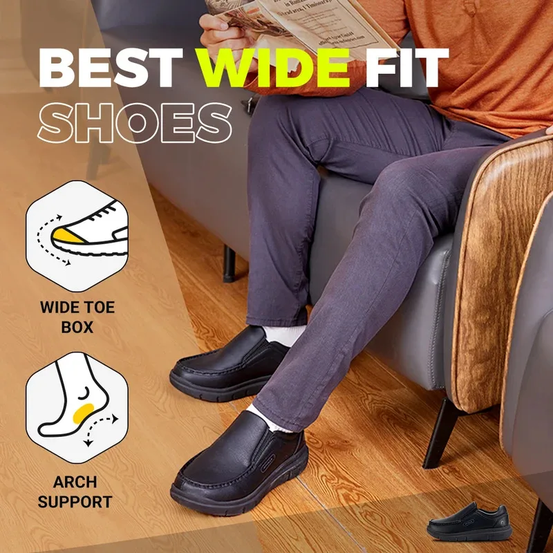 Fitville Men'S Leather Shoes Wide Width 2E Slip-On Casual Shoes Lightweight For Swollen Feet With Arch Support Pain Relief