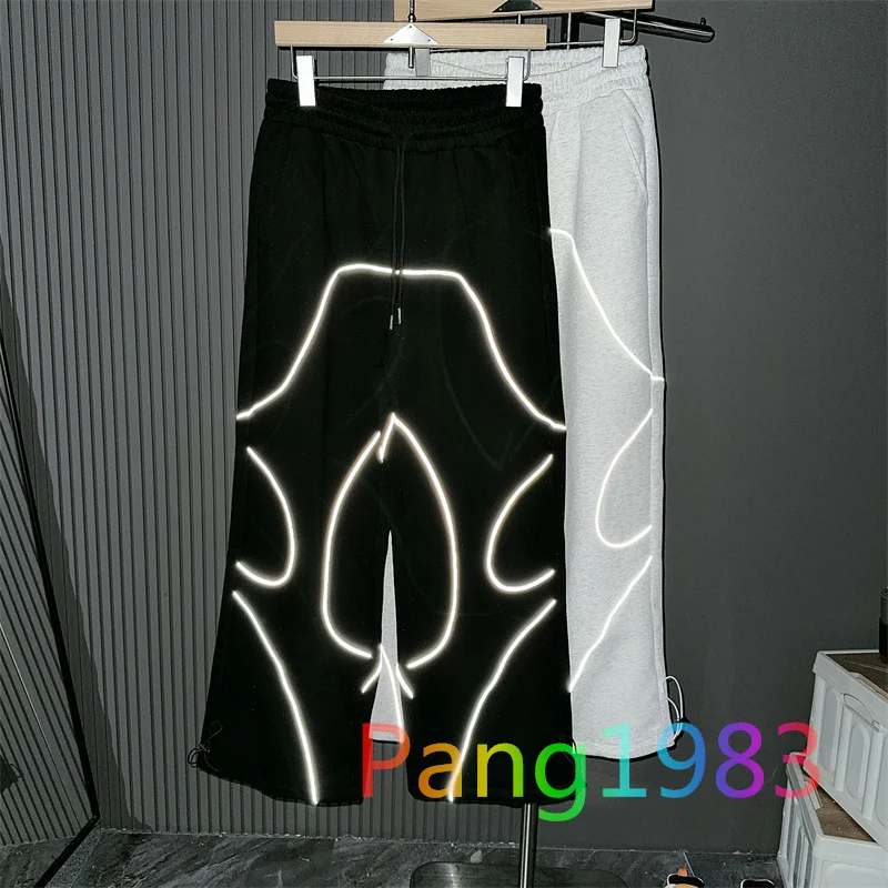 New Casual Sweatpants Retro Reflective Strip Design Men Women Loose Drawstring Sports Pants