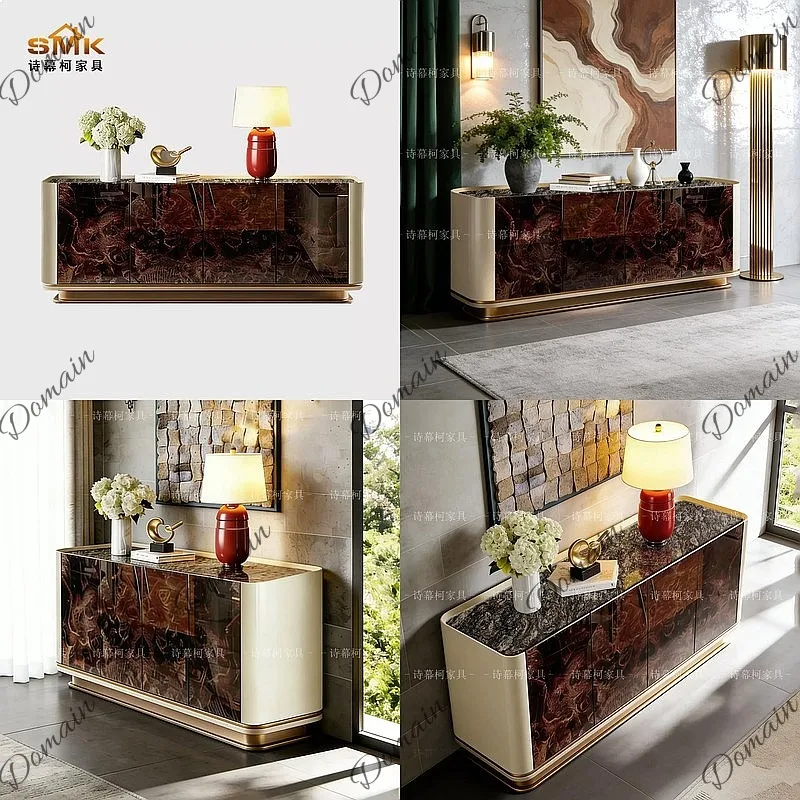 Modern Italian Luxury Lacquered Burl Wood Veneer Sideboard Entryway Console Natural Stone Top