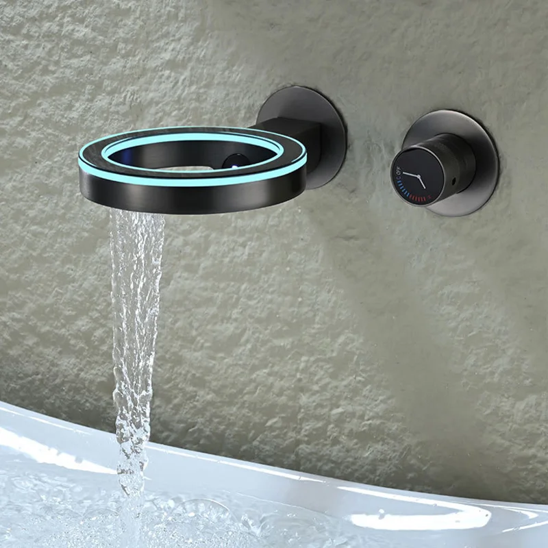 

Double Hole Waterfall Sink Faucet Wall Mounted Hot and Cold Mixer Taps Single Handle Lavatory Vanity Sink Faucet Gray