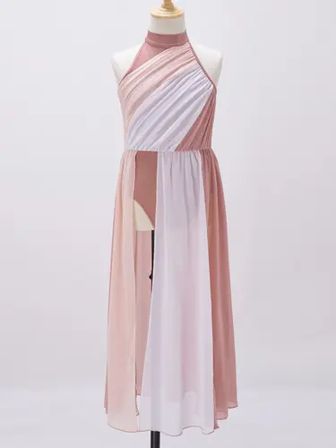 Imagen 2 del producto Vestido de baile lírico para niñas, bloque de Color, sin mangas, malla dividida, leotardo, Ballet, patinaje artístico, gimnasia, disfraz de escenario actuación