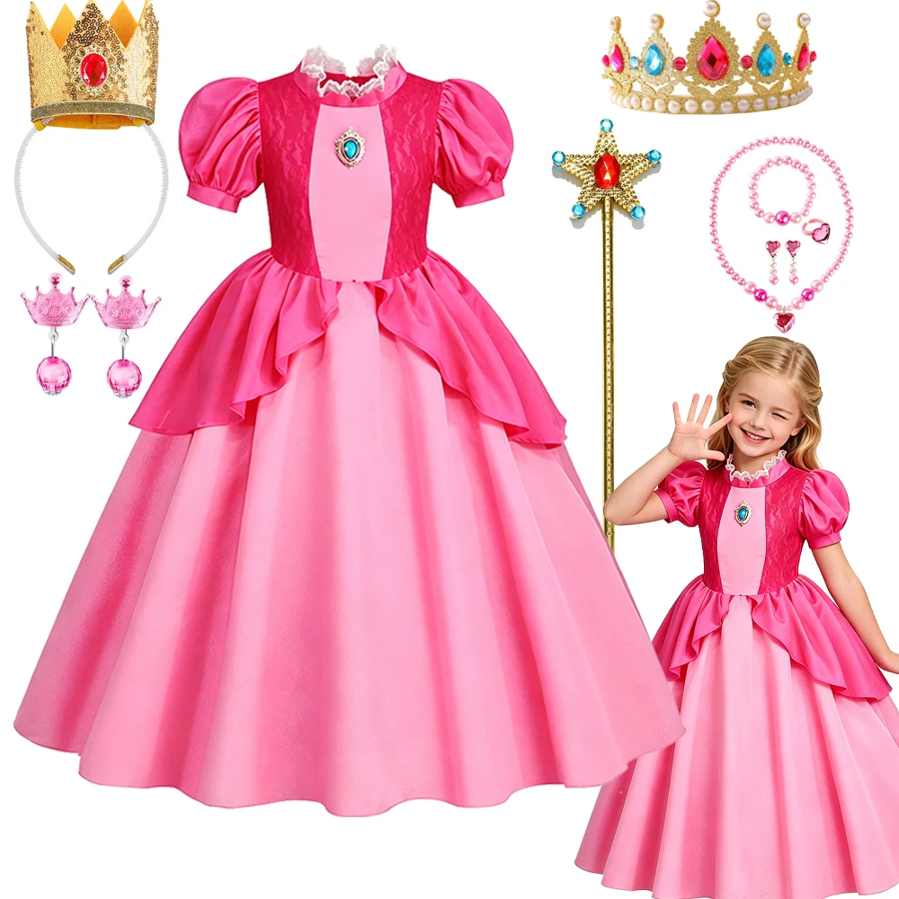 Peach Costume Girl For Princess Ball Gown Kids Cosplay Halloween Carnival Birthday Party Dress For 3-10 Years