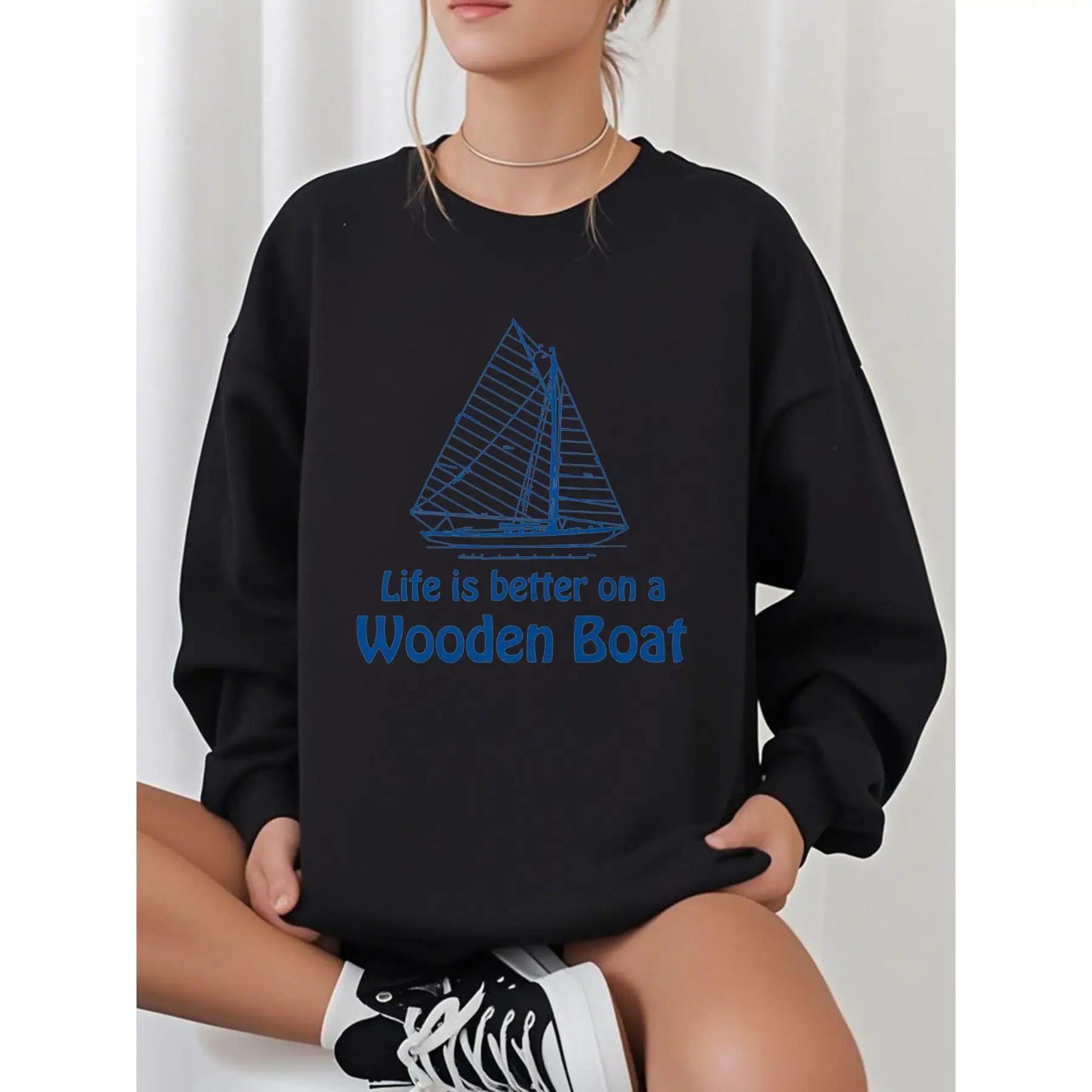 

Oversized Casual Crewneck Sweatshirt for Women, Funny Sailing Boat Graphic Top, Life Is Better On A Wooden Boat Nautical Gift