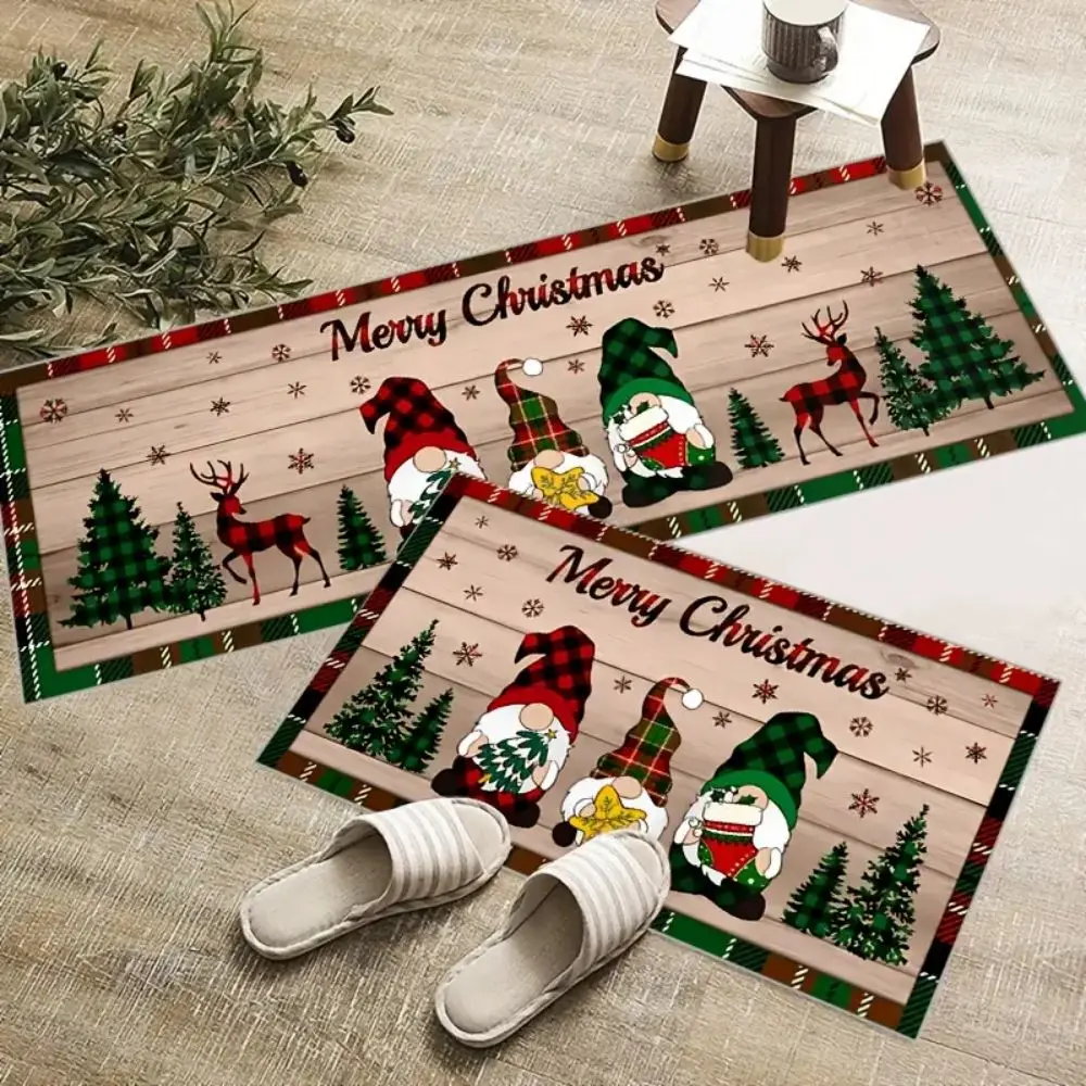 VIKAMA 1/2pcs Christmas Kitchen Rug Christmas Gnome Wood Grain Corridor Floor Mat Indoor Outdoor Entrance Door Mat Home Decor