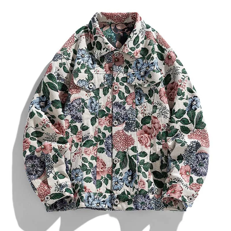 2025 Spring And Autumn New Shirt Jacket Fashion Trendy Brand Imitation Cotton Linen Coat Men's Versatile Floral Retro Wholesale